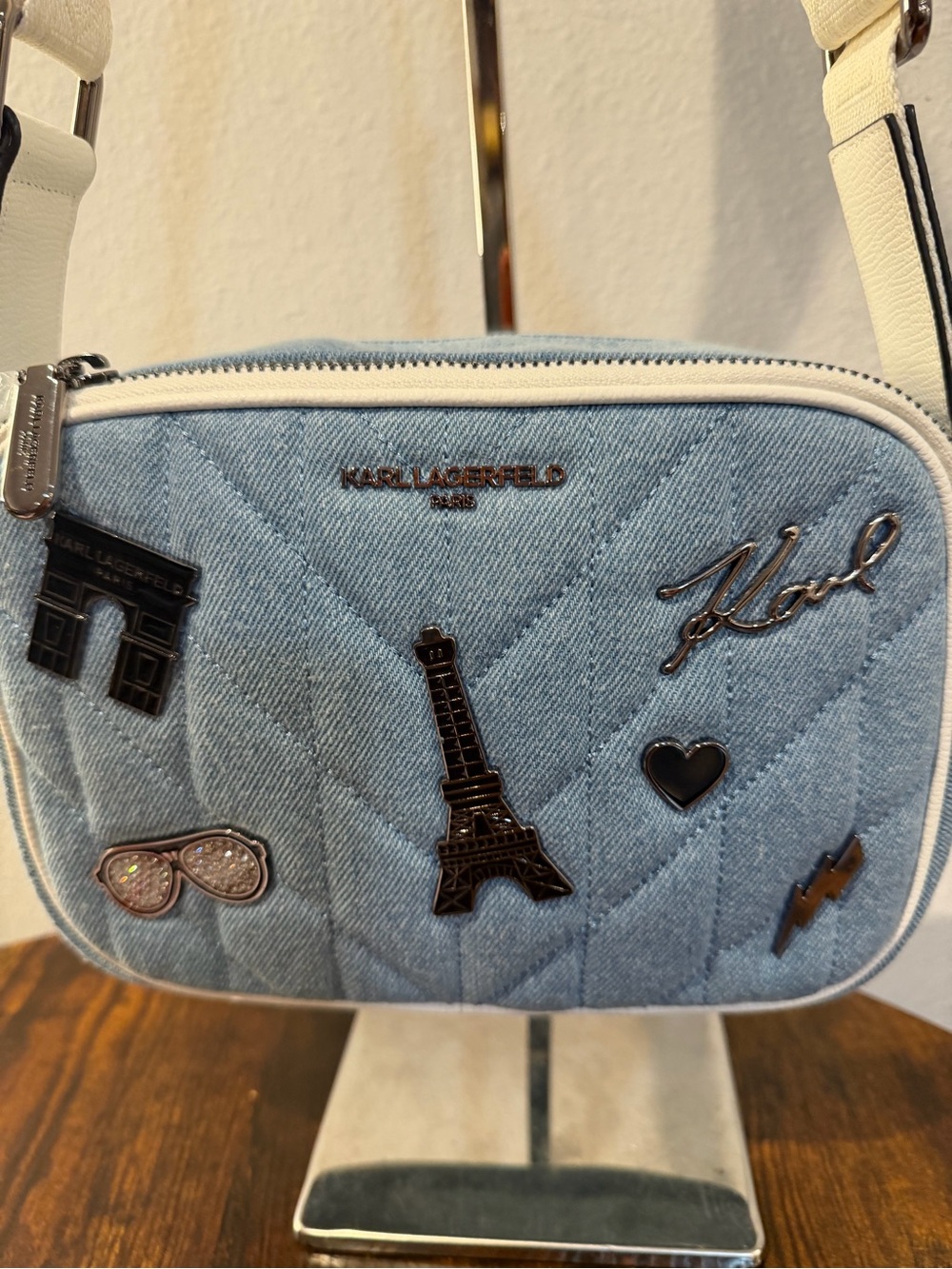 Authentic Karl Lagerfeld Denim Crossbody Bag with Paris Pins